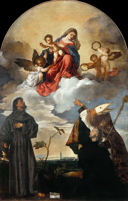 Madonna and Child with Saint Francis and the Donor Luigi Gozzi with St. Louis of Toulouse. Titian (Tiziano Vecellio)