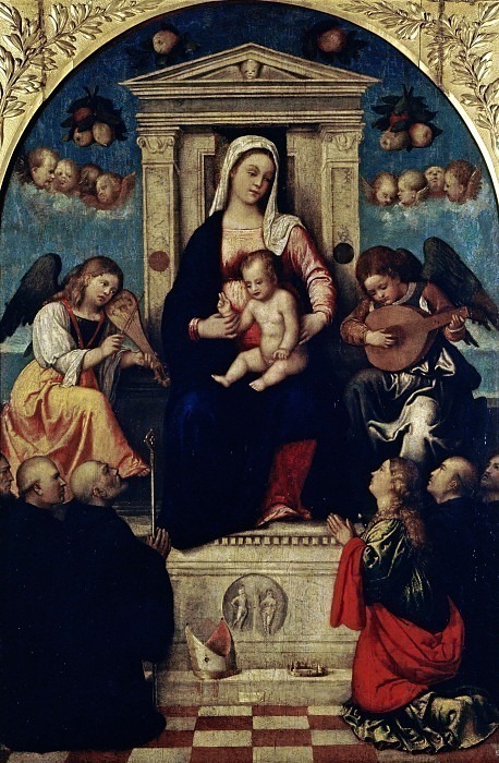 Мадонна с младенцем на троне со святым Бенедиктом. Юстина и монахи-бенедиктинцы. Джованни Удине