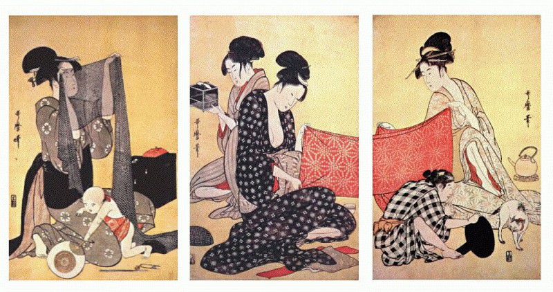 utamaro women making dresses 1-triptych mid-1790s. Kitagawa Utamaro