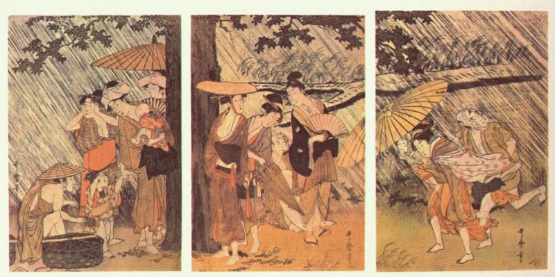 utamaro shower 1-triptych early-1800s. Kitagawa Utamaro