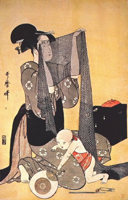 utamaro women making dresses 2-left panel. Kitagawa Utamaro