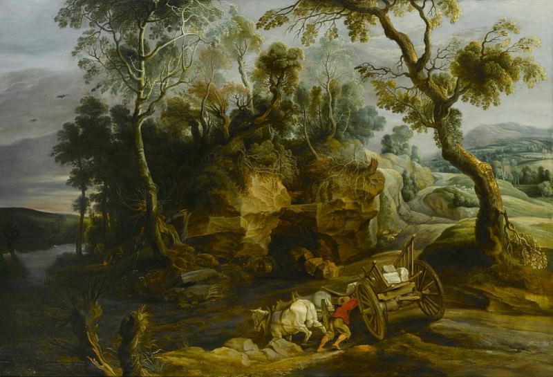 Пейзаж с тележкой, пересекающей реку, Лукас ван Юден