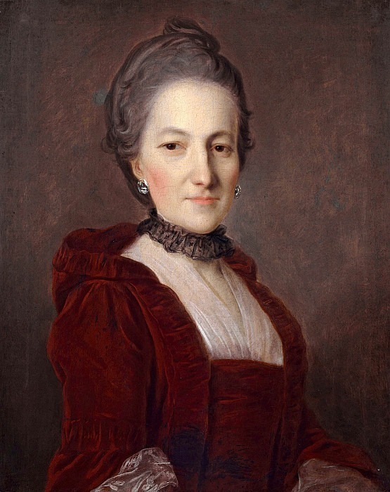 Portrait of an unknown woman in a dark red dress. Unknown painters