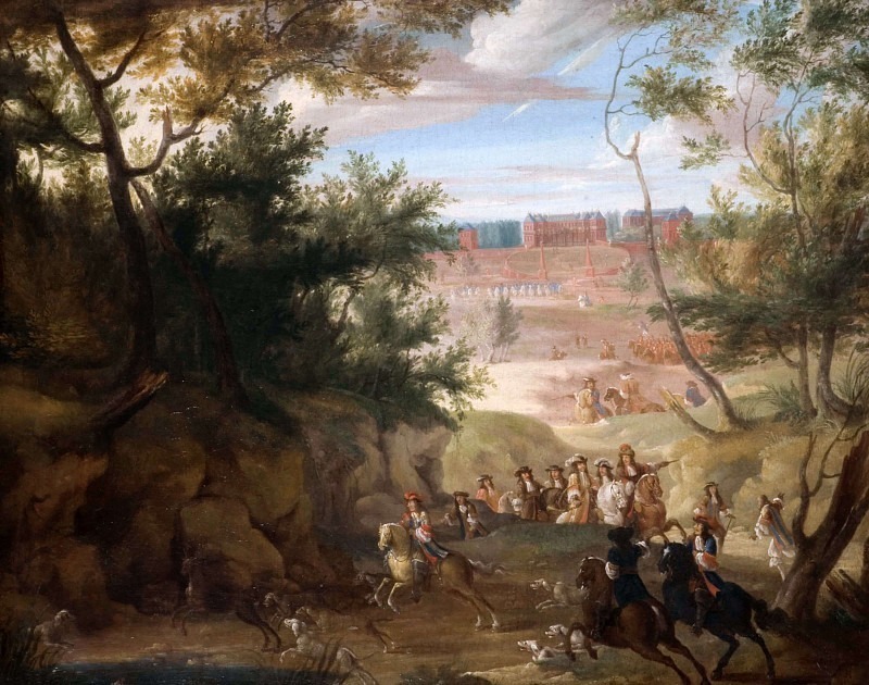 View Of Versailles With Louis XIV And Huntsmen. Unknown painters