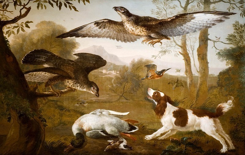 Собака, охраняющая мертвую утку от хищных птиц. Неизвестные художники (Британская школа)