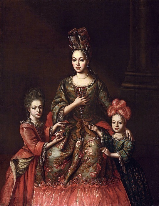 Portrait of Anastasia Naryshkina with children Alexandra and Tatiana. Unknown painters