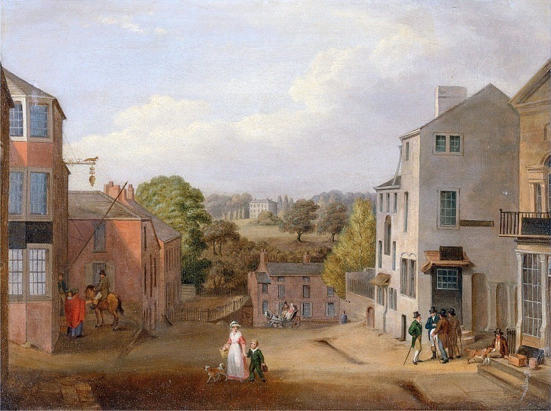 John Bird of Liverpool — Street Scene in Chorley, Lancashire, with a view of Chorley Hall. Unknown painters