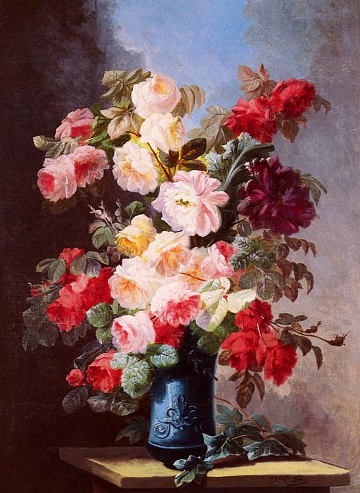 Viard Georges A Still Life With Roses And Peonies In A Blue Vase. Georges Viard