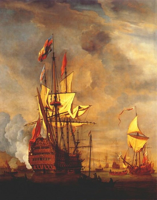 Velde-The-Younger The royal Sovereign With A Royal Yacht In A Light Air 1703. Willem van de Velde the Younger