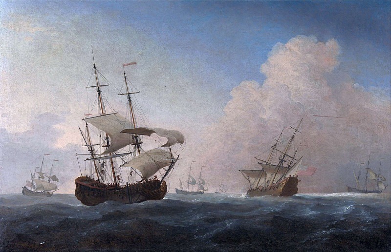 Английские военные корабли, летящие на ветру в открытом море
