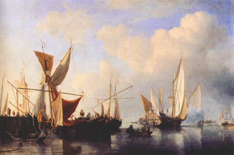 Velde-The-Younger Breakwater With Ships And A Yacht Setting Sail 1673. Виллем ван де Вельде Младший