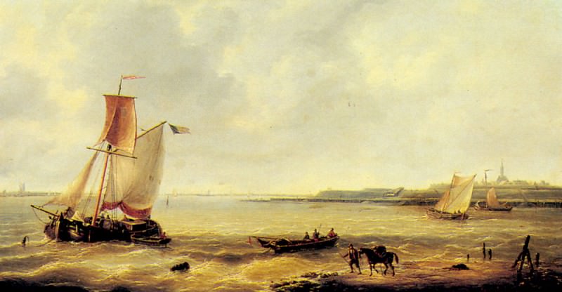 Verboeckhoven Louis Fishing Off A Jetty With A Village Beyond. Louis Verboeckhoven