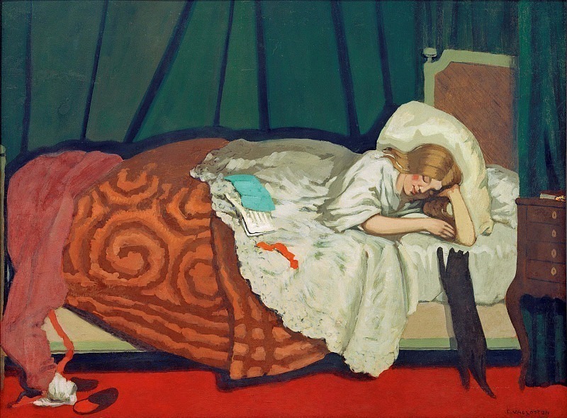 Woman in bed playing with a cat. Félix Édouard Vallotton