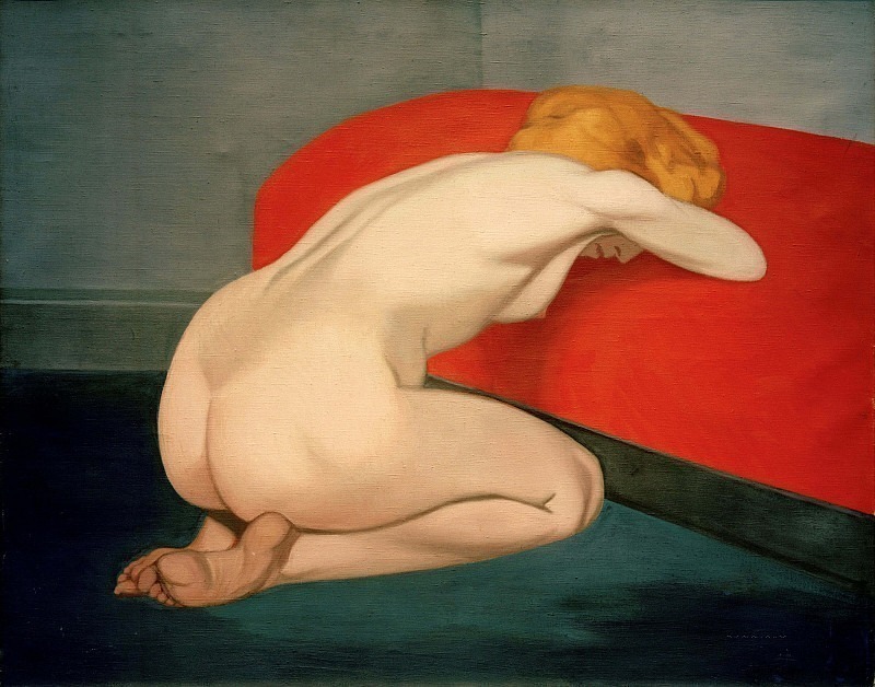 Обнаженная женщина на коленях против красного дивана. Феликс Валлоттон