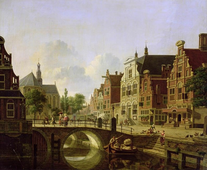 Dutch town scene with canal, figures and a church. Jan Hendrik Verheyen