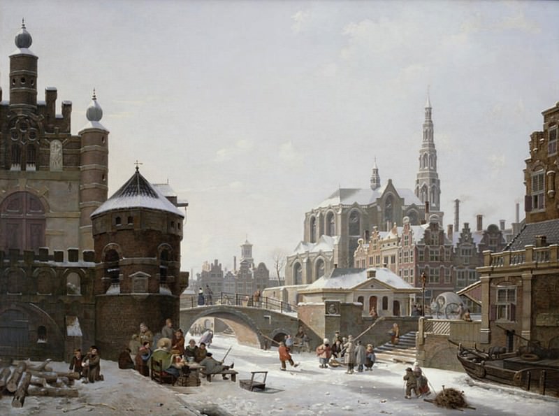 Каприччио, вид на город с фигурами на замёрзшем канале. Ян Хендрик Верхейен
