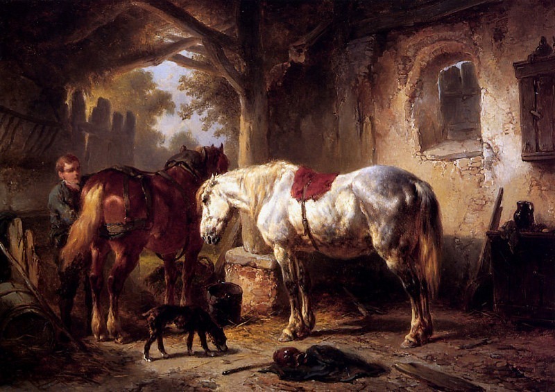 Two horses a dog and caretaker. Wouterus Verschuur