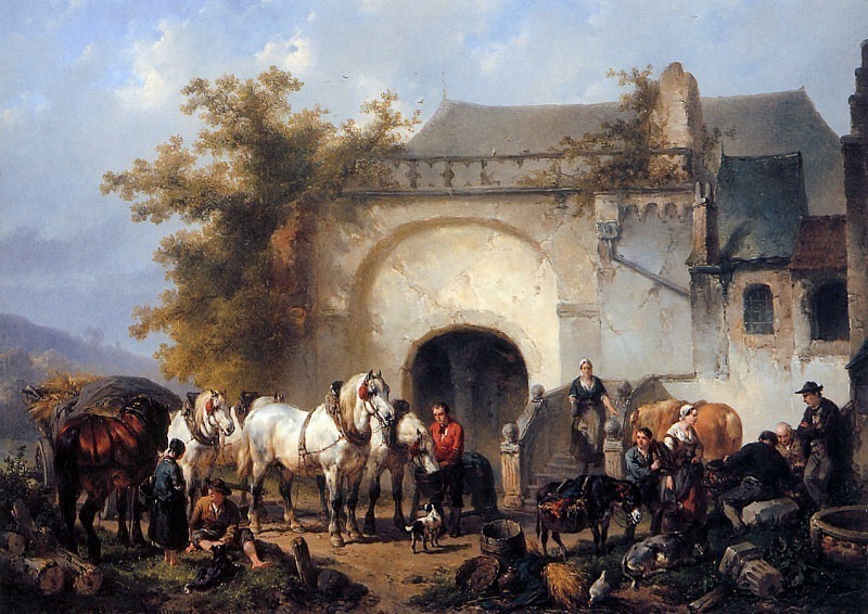 Horses and figures outside a farmstead. Wouterus Verschuur