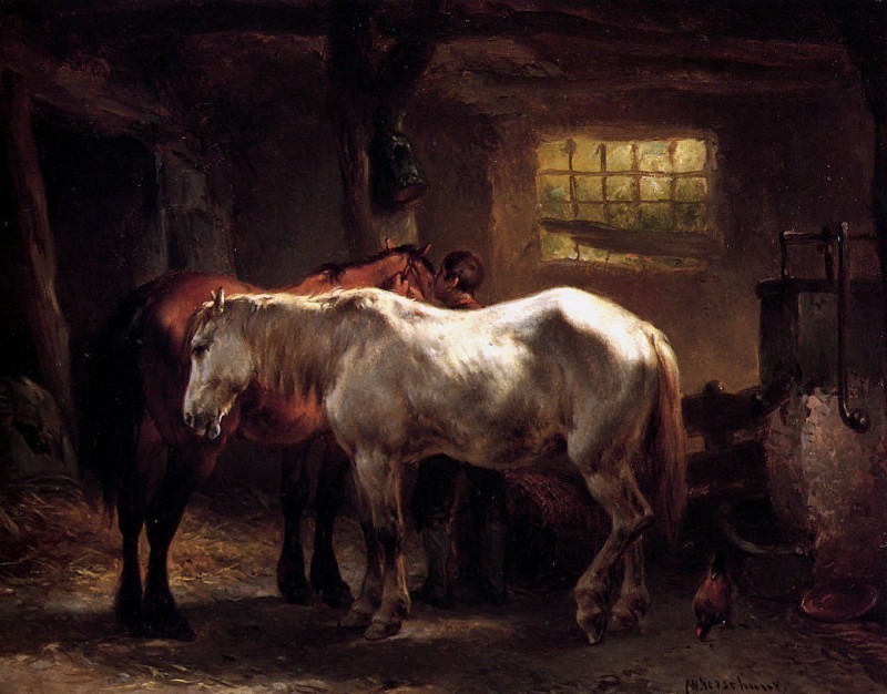 Two horses a dog and caretaker, Wouterus Verschuur