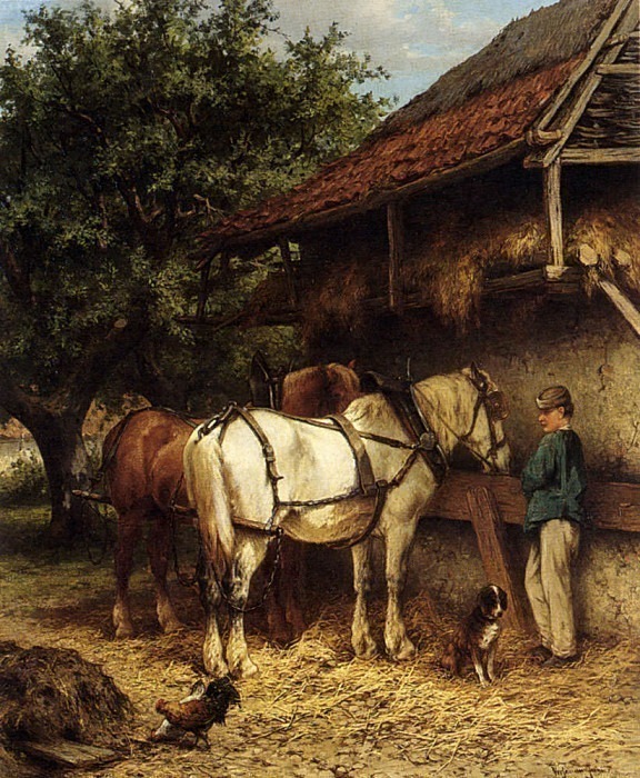 Two Horses By A Stable. Wouterus Verschuur