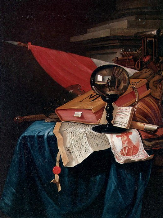 Натюрморт в стиле Ванитас с художником и его мольбертом в отражении в хрустальном шаре. Винсент Лауренс ван дер Винне