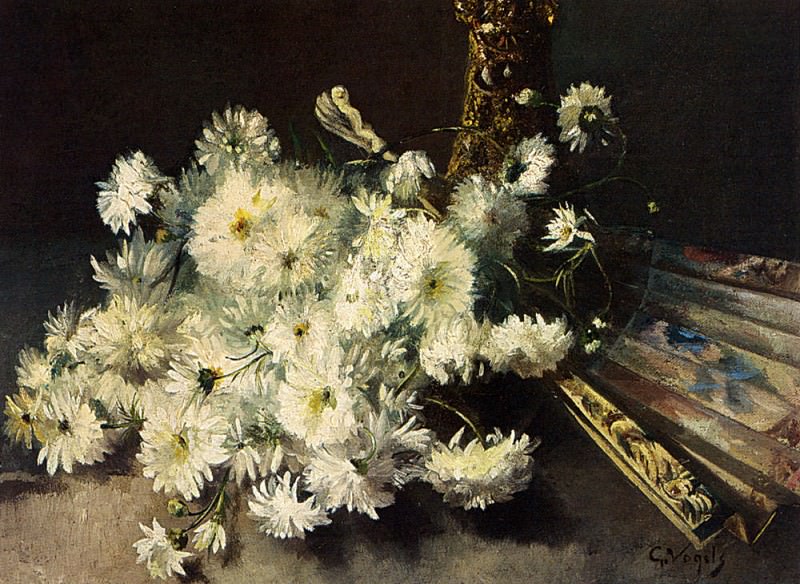 Vogels Guillaume A Still Life With Chrysanthemums And A Fan. Гийом Фогельс