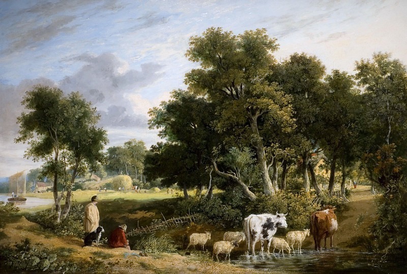Пейзаж – скот, переходящий ручей