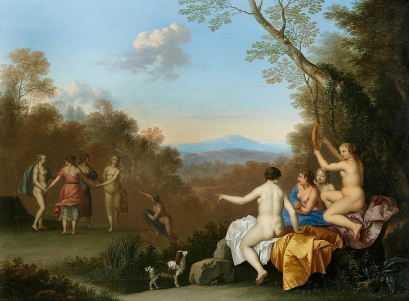 Nymphs Dancing and Making Music by a Pool on a Wooded Hilltop with the Apulian Shepherd. Daniel Vertangen