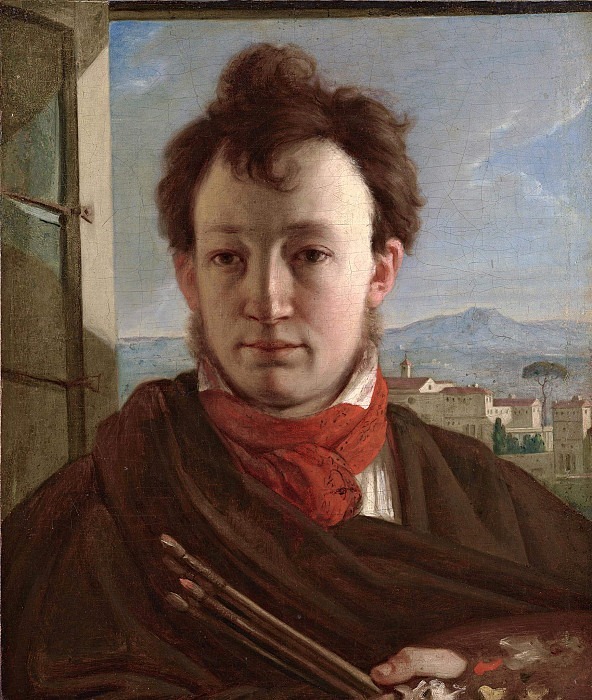 Self-portrait with palette and brushes in hand