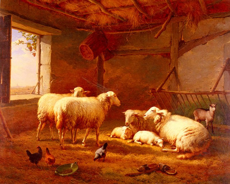 Verboeckhoven Eugene Joseph Sheep With Chickens And A Goat In A Barn. Эжен Жозеф Вербукховен