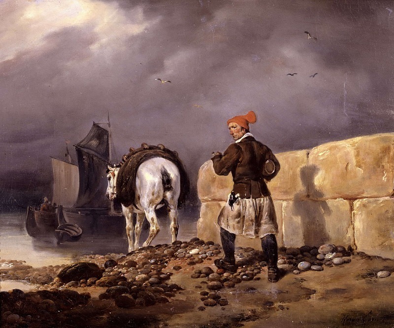 Marina with fisherman and horse. Horace Vernet