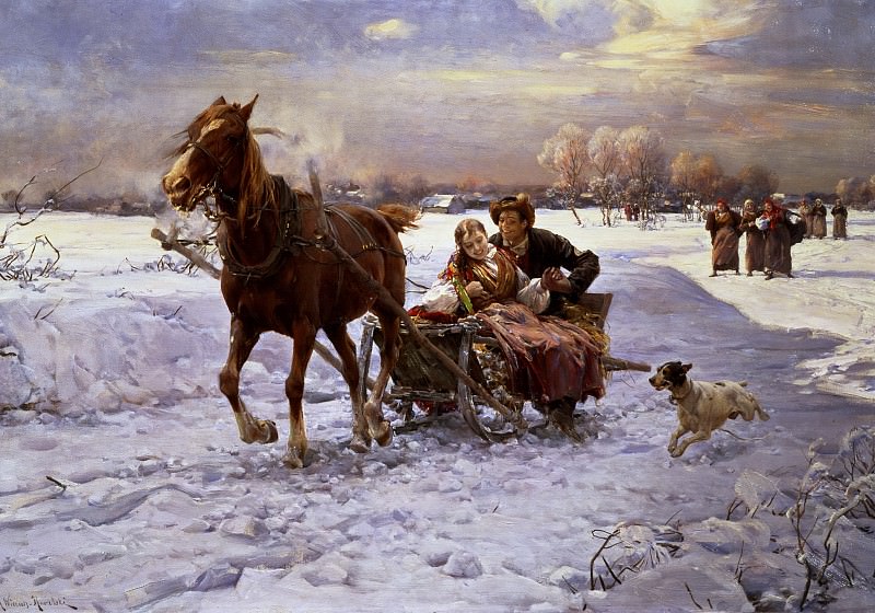 Lovers in a sleigh. Alfred Von Wierusz-Kowalski