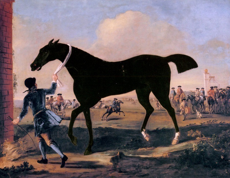 Герцог Ратлендс Бонни Блэк в руках конюха в Ньюмаркете. Джон Вуттон