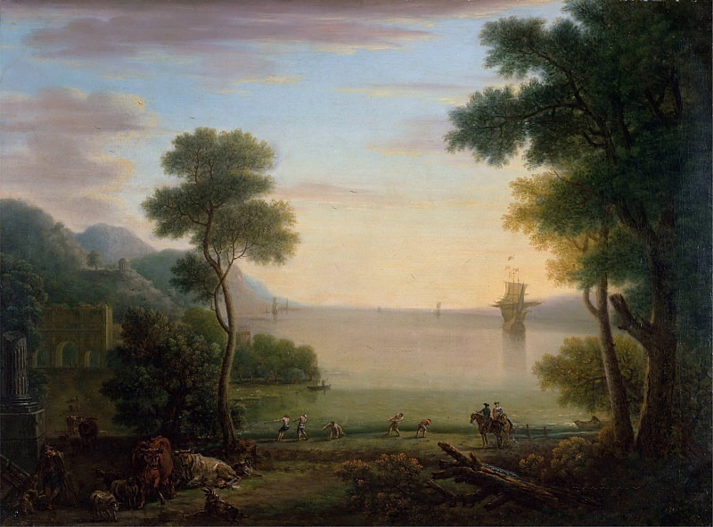 Classical Landscape with Figures and Animals- Sunset. John Wootton