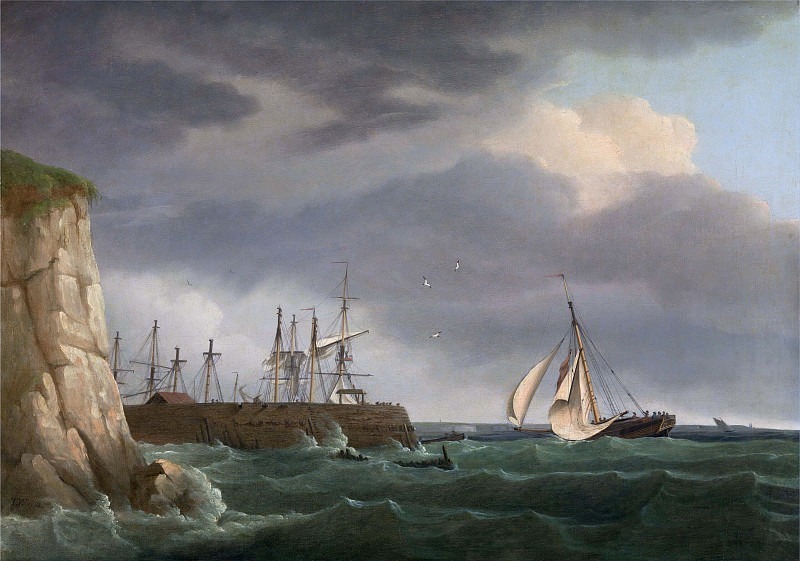 A Ship Running into Harbour with Other Craft at a Jetty. Thomas Whitcombe