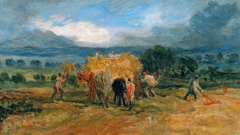A Harvest Scene with Workers Loading Hay on to a Farm Wagon. James Ward