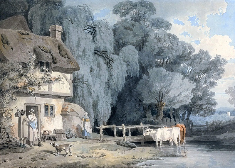 Сельский пейзаж - фигуры у двери дома и скот в ручье. Фрэнсис Уитли