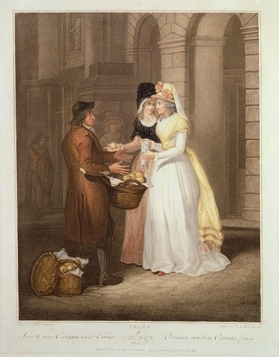 „Sweet China Oranges, Sweet China“, plate 3 of „The Cries of London“. Francis Wheatley
