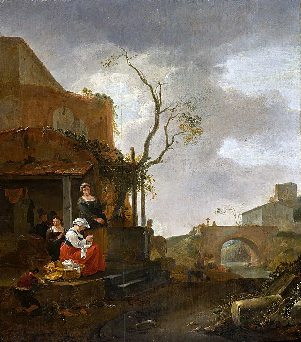 Figures outside a tavern with a woman sewing, travellers on a bridge beyond. Thomas Wijck