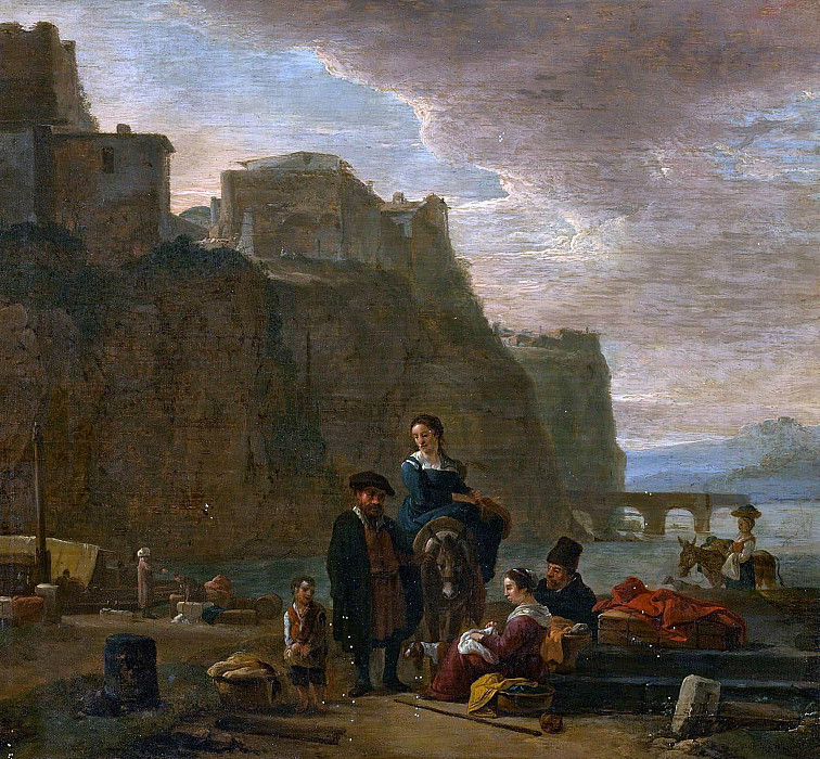 Peasants on an Italianate shoreline. Thomas Wijck