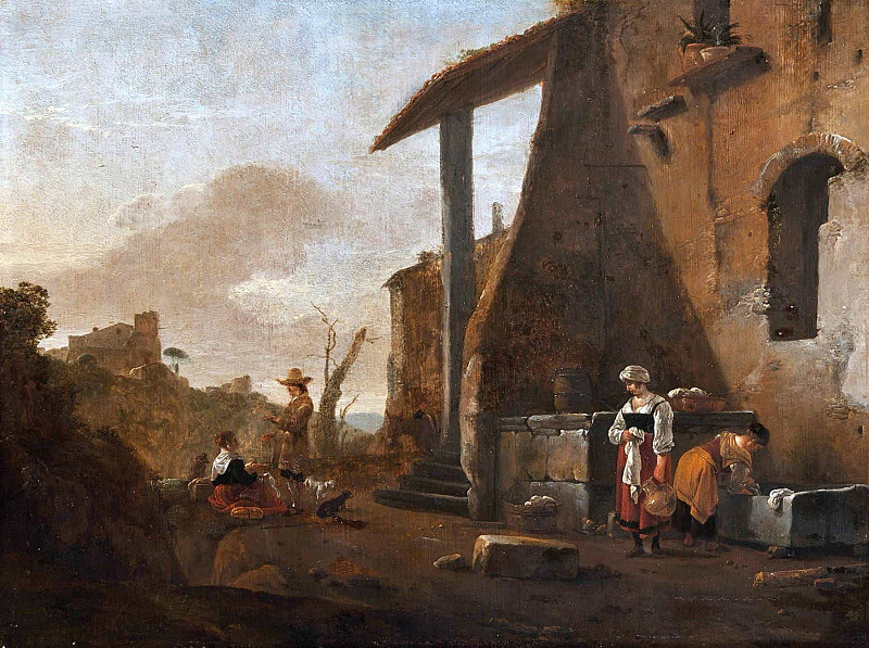 Maidservants washing laundry and another maid selling apples in a courtyard, a hilly landscape beyond. Thomas Wijck