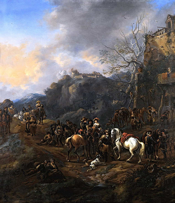 A troop of cavalrymen and other figures outside an inn, a hill fort beyond. Thomas Wijck