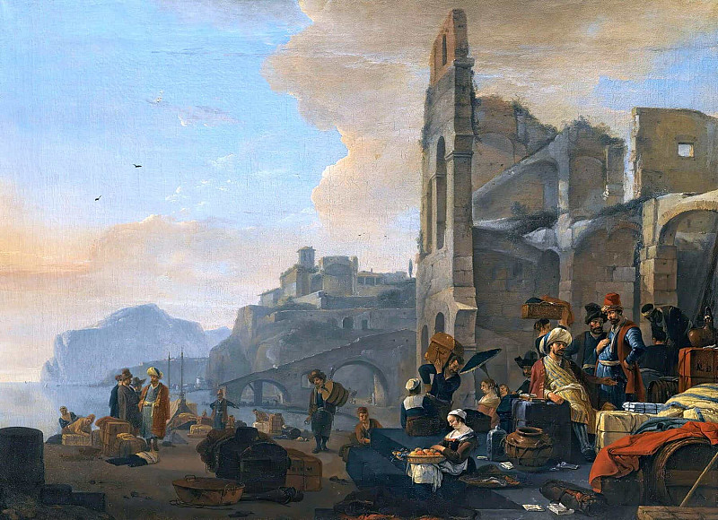 An Italianate Coastal Landscape With Figures In Oriental Dress At Market. Thomas Wijck