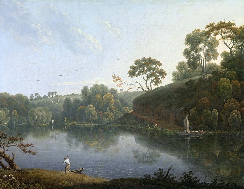 Пейзаж с озером и лодками. Томас Райт
