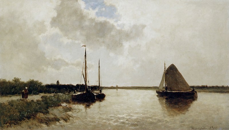 Weissenbruch Jan Ships on canal Sun. Иохан Хендрик Вейсенбрух