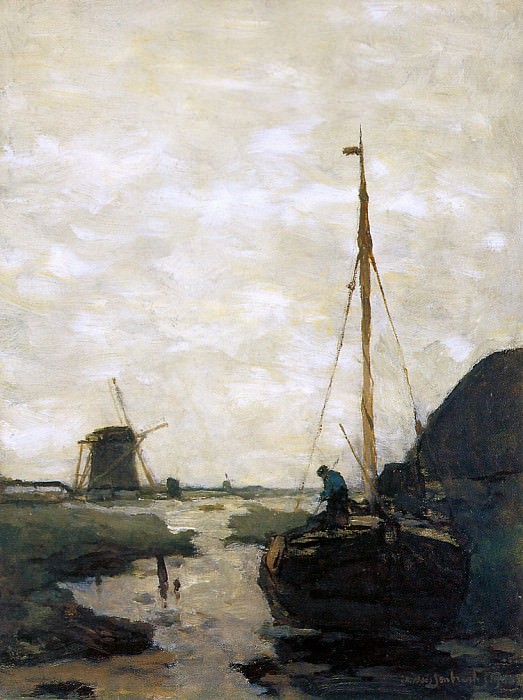 Weissenbruch Jan Ship in polder canal Sun. Jan Hendrik Weissenbruch