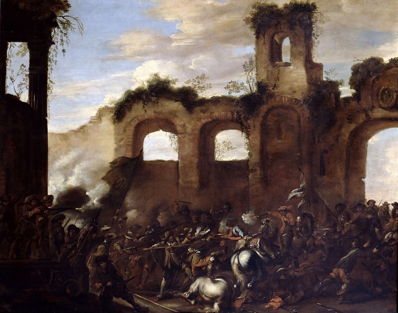 Battle with knights in front of Roman ruins. Cornelis de Wael