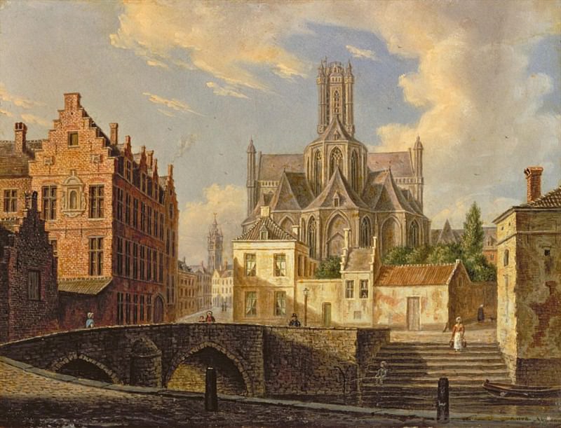 Town View with Figure fishing in a Canal. Augustus Wynantsz