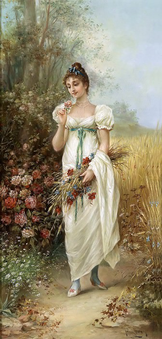 Girl with Meadow Flowers and Roses. Hans Zatzka