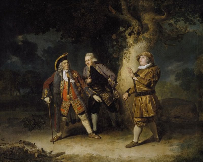 Дэвид Гаррик (1717-79), как лорд Чалкстоун, Эллис Акман как Боуман и Эстли Брансби как Эзоп. Иоганн Цоффани